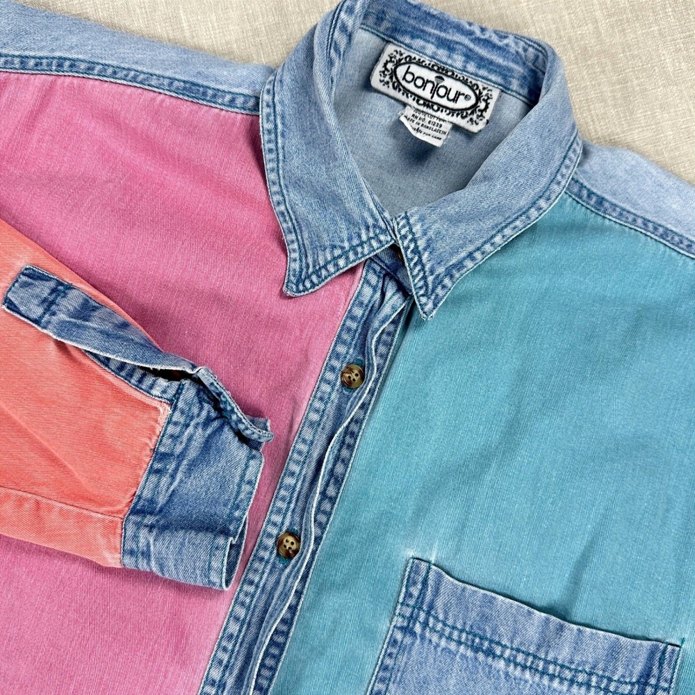 Vtg 90s Color Block Denim Shirt Womens L Pastel Oversized Bonjour Garment Dyed